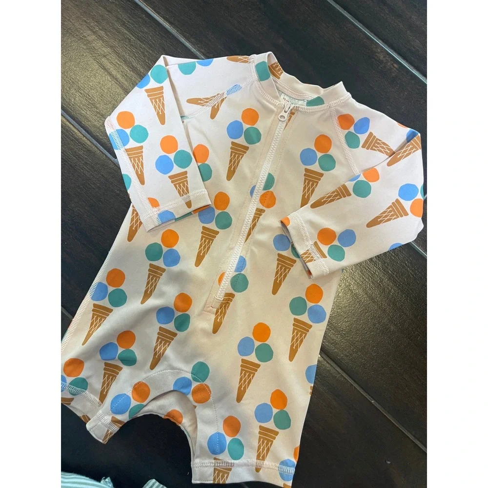 Hanna Andersson Ice Cream Sun Suit Pink Long Sleeve Swimsuit 6-12 Months 70cm